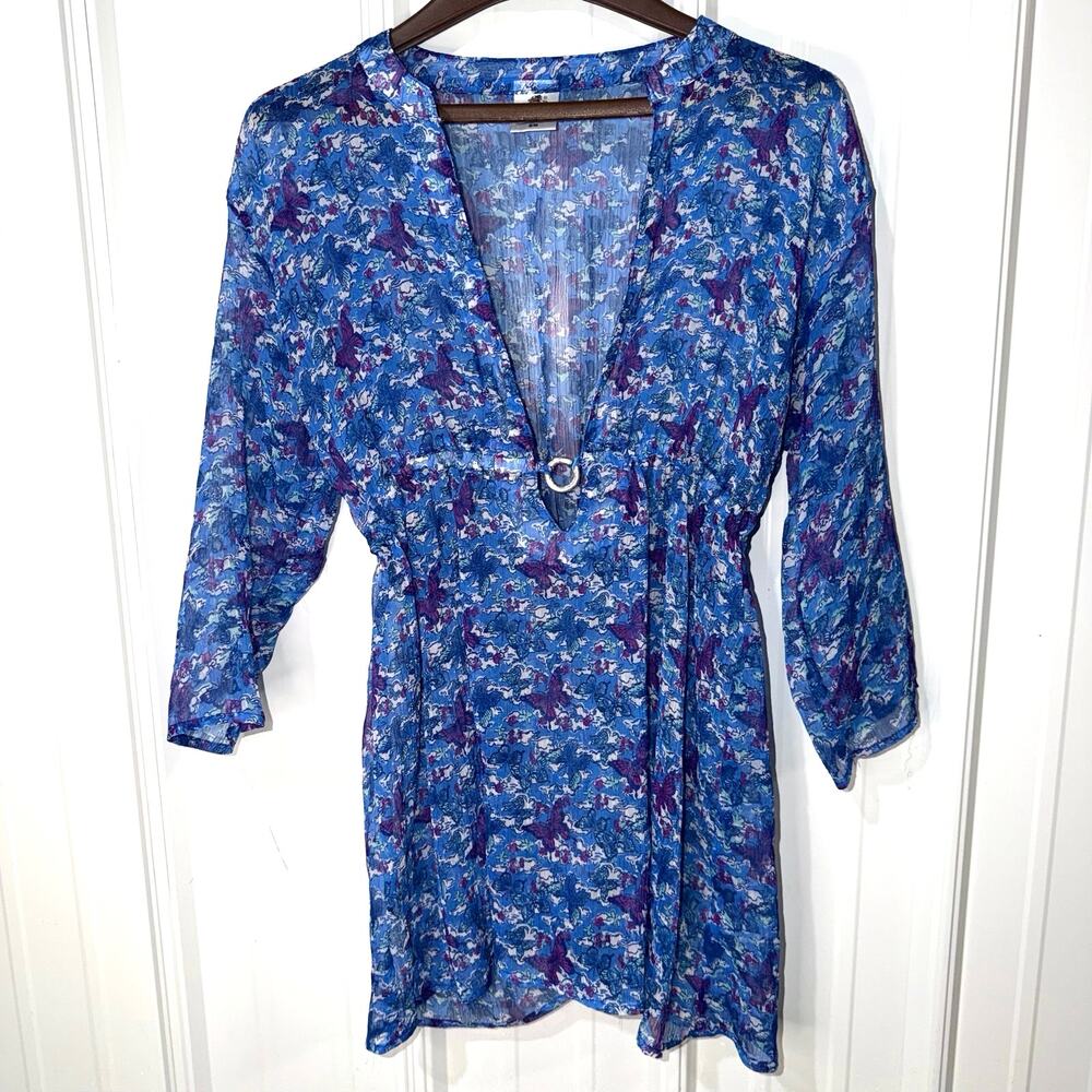 Rima Swim Cover Up Dress Blue Sheer Boho Beach Low Cut V-Neck Size S/M